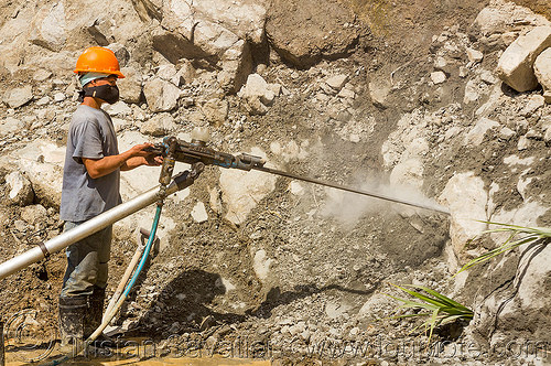 drilling and blasting - road construction (philippines), banaue, drilling and blasting, groundwork, jackhammer, pneumatic drill, road construction, road work, roadworks, rock, worker, working
