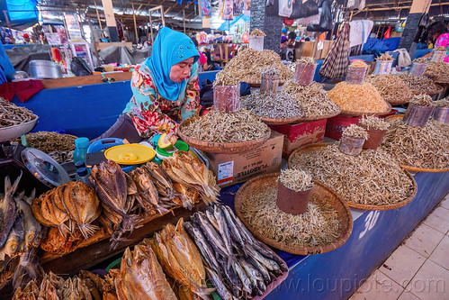 dry fish stand at the market, dry fish, fish market, sulawesi, tana toraja, woman