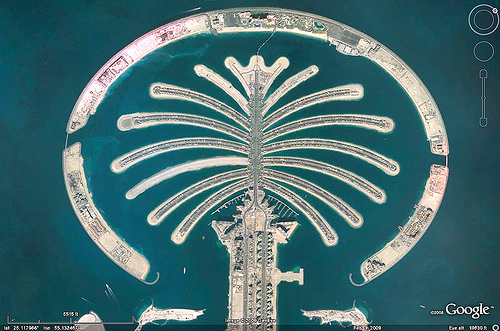 dubai palm islands aerial - google earth, aerial photo, artificial island, city, cityscape, dubai world, emirates, google earth, man-made island, marina, nakheel properties, palm islands, palm jumeirah, planned development, satellite photo, uae, urban development, urban planning