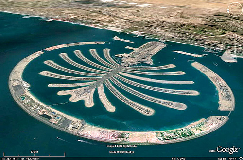 dubai world - palm jumeirah islands aerial - google earth, aerial photo, artificial island, city, cityscape, dubai world, emirates, google earth, man-made island, marina, nakheel properties, palm islands, palm jumeirah, planned development, satellite photo, uae, urban development, urban planning