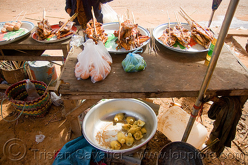ducklings, eggs and ducks-on-a-stick (laos), baby ducks, birds, ducklings, eggs, kebabs, poultry, street food, street market, street seller