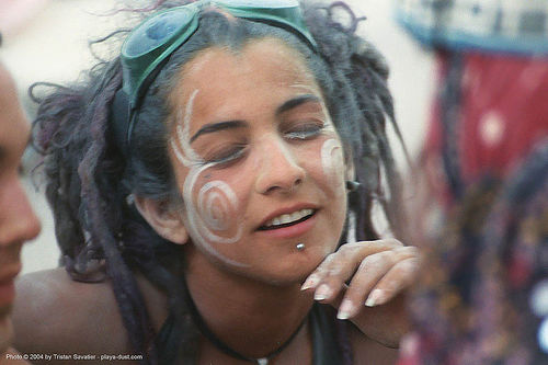 dusty girl at center camp - burning man 2003, center camp cafegirl, dusty, face painting, facepaint, woman