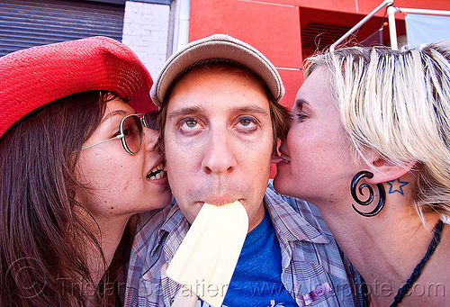 ear biting - folsom street fair (san francisco), biting, bitten, ears, man, spatula, women