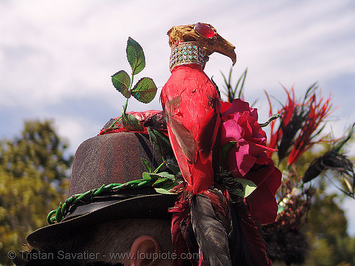 easter sunday in dolores park, san francisco, bird, easter, hat, rabbit skull