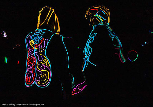 EL-wire costumes - burning man 2004, burning man, el-wire, electroluminescent wire, glowing, night