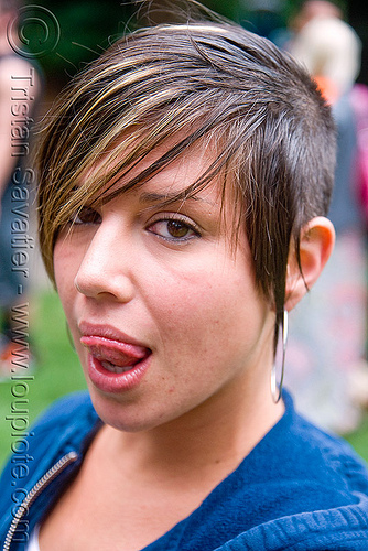 elana's tongue, dirty bird party, earring, elana, hoody, licking lip, lip licking, short hair, sticking out tongue, sticking tongue out, woman