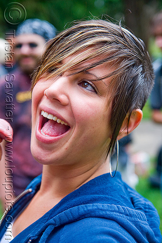 elana smiling (san francisco), dirty bird party, earring, elana, hoody, short hair, woman