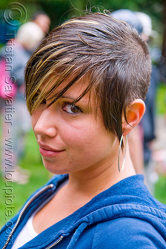 elana - young woman (san francisco), dirty bird party, earring, elana, hoody, short hair, woman