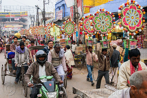 electric flowers for wedding (india), decoration, electric, men, traffic, transport, transporting, varanasi, walking, wedding