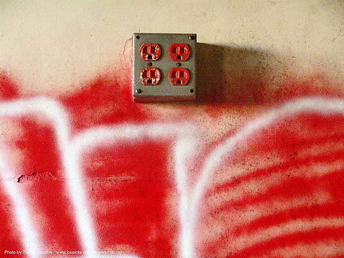 electrical outlet - four red electrical plugs, abandoned building, abandoned hospital, electrical plugs, graffiti, presidio hospital, presidio landmark apartments, red, trespassing