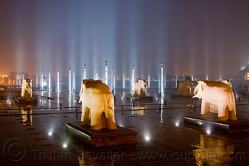 elephant statues - column rows - ambedkar memorial, architecture, columns, dr bhimrao ambedkar memorial park, elephant sculptures, elephant statues, elephants, india, lucknow, monument, night, pratibimb sthal