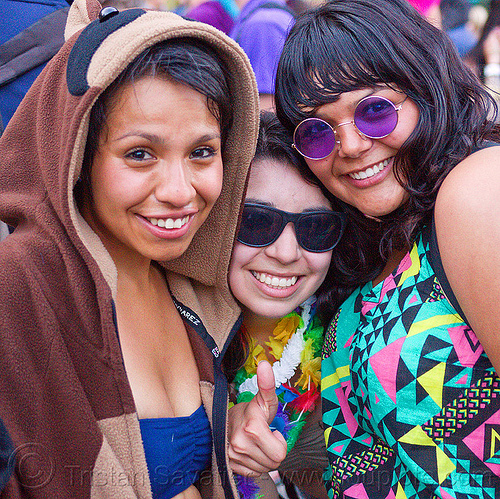emily and friends, hood, hooded, jessica, raccoon suit, sunglasses, women