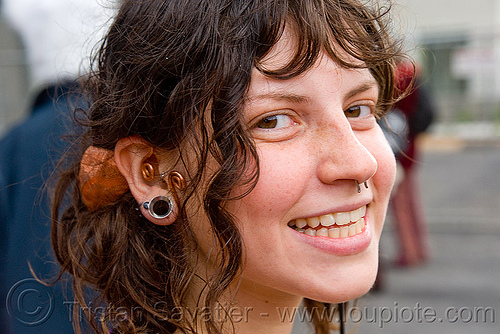 emily - burning man decompression, gauged ear, piercing, woman