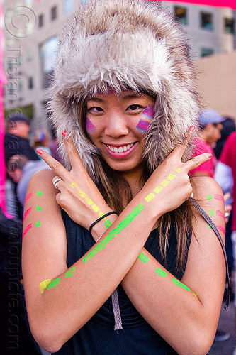 emily with furry hat - how weird street fair (san francisco), fuzzy hat, v-sign, victory sign, war paint, woman