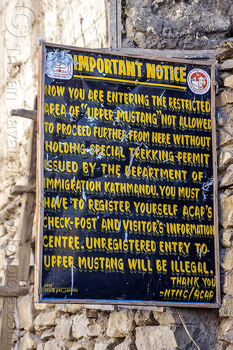 entrance of restricted area of upper mustang (nepal), annapurnas, kagbeni, kali gandaki valley, mustang, sign, village