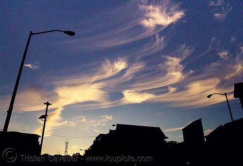 evening sky with cirrus clouds (san francisco), 22nd street, backlight, blue, cirrus clouds, city, cityscape, evening, high clouds, lamp poles, mares' tails, sunset, sutro tower