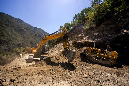 excavator and bulldozer clearing a landslide (india), at work, bd50, beml, bulldozer, excavator, jcb, js200, js200hd, landslide, men, mountains, road construction, roadwork, workers, working