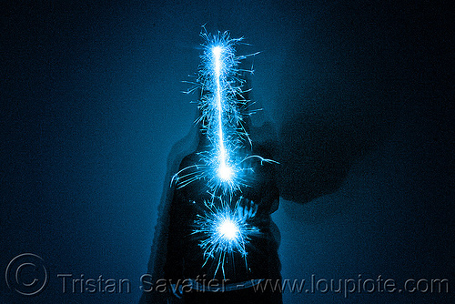 exclamation mark - light painting with a blue sparkler, blue, dark, exclamation mark, icon, light drawing, light painting, sarah, silhouette, sparklers, sparkles, symbol