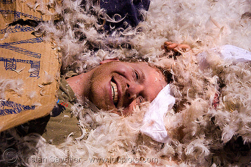 exhauted guy in feathers at the great san francisco pillow fight 2008, down feathers, feather down, night, pillows, world pillow fight day