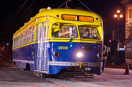 f-market line historical tram car 1010, 1010, 1948, f-line, f-market, light rail, magic carpets, man, muni, ntk, railroad construction, railroad tracks, railway tracks, san francisco municipal railway, streetcar, test train, track maintenance, track work, tram, tramway