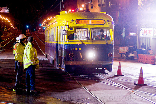 f-market line historical tram car 1010, 1010, high-visibility jacket, high-visibility vest, light rail, man, muni, ntk, railroad construction, railroad tracks, railway tracks, reflective jacket, reflective vest, safety helmet, safety vest, san francisco municipal railway, streetcar, test train, track maintenance, track work, tram, tramway, worker