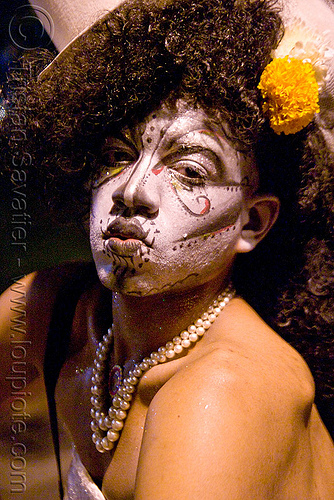 face paint - dia de los muertos - halloween (san francisco), crossdressing, day of the dead, dia de los muertos, drag queen, face painting, facepaint, halloween, hat, makeup, man, night, transvestite