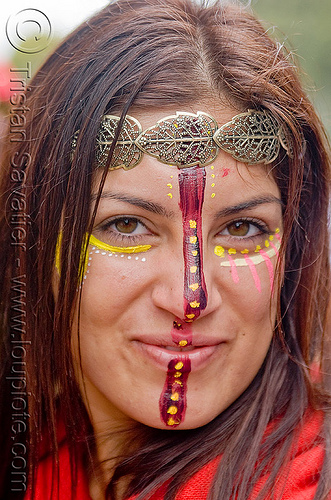 face paint - etched metal leaves headdress, andis, bay to breakers, costume, etched, face painting, facepaint, footrace, headdress, makeup, metal leaves, red, silver, street party, woman