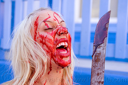 fake blood halloween makeup - young blond woman (san francisco), bleeding, blonde, fake blood, halloween, knife, machete, makeup, red, special effects, stage blood, theatrical blood, woman, zombie