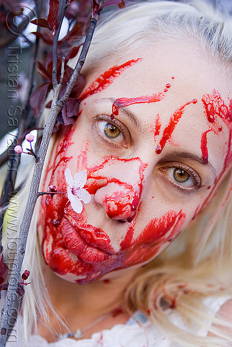fake blood halloween makeup - young blond woman (san francisco), bleeding, blonde, fake blood, flower, halloween, makeup, red, special effects, stage blood, theatrical blood, woman, zombie