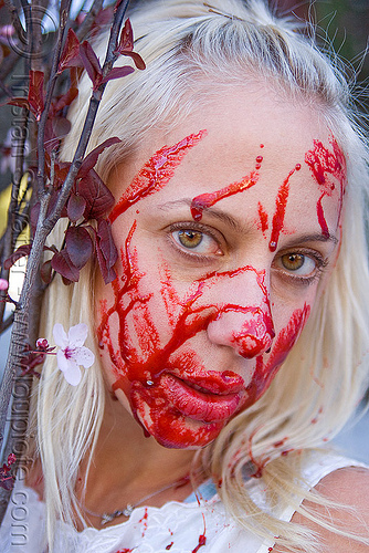 fake blood halloween makeup - young blond woman (san francisco), bleeding, blonde, fake blood, halloween, makeup, red, special effects, stage blood, theatrical blood, woman, zombie