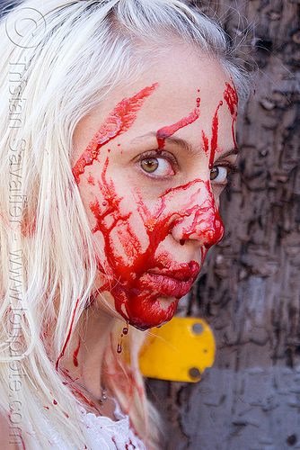 fake blood halloween makeup - young blond woman (san francisco), bleeding, blonde, fake blood, halloween, makeup, red, special effects, stage blood, theatrical blood, woman, zombie