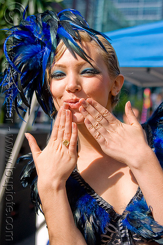 fashion model with blue feathers headdress - blowing a kiss (san francisco), bethany, blue, costume, feathers, hat, woman