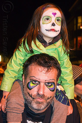 father and daughter with skull makeup, child, daughter, day of the dead, dia de los muertos, face painting, facepaint, father, halloween, kid, little girl, man, night, skull makeup