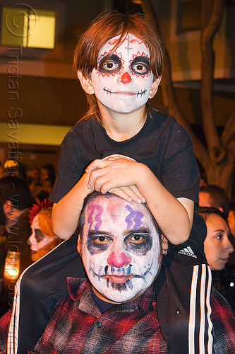father and son with skull makeup, boy, child, day of the dead, dia de los muertos, face painting, facepaint, father, halloween, kid, man, night, skull makeup, son