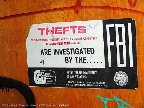 fbi-sticker - thefts are investigated  by the fbi - sign on door - abandoned hospital (presidio, san francisco) - phsh, abandoned building, abandoned hospital, fbi, presidio hospital, presidio landmark apartments, sign, trespassing