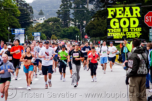 fear god sign - bay to breakers (san francisco), bay to breakers, crowd, fear god, footrace, runners, sign, street party