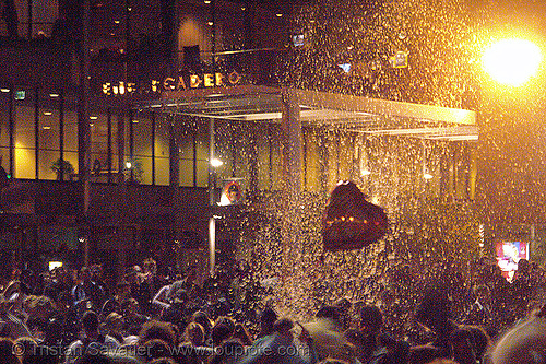 feathers and heart balloon - the great san francisco pillow fight 2007, crowd, down feathers, duvet, night, pillows, san francisco pillow fight, world pillow fight day