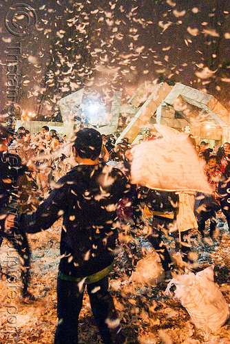feathers flying at the san francisco pillow fight 2011, feathers, night, world pillow fight day