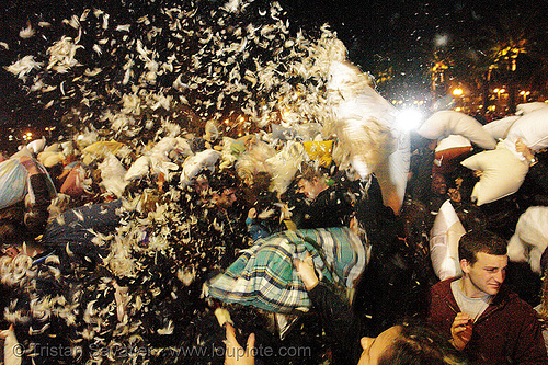 feathers flying - the great san francisco pillow fight 2007, crowd, down feathers, duvet, night, pillows, san francisco pillow fight, world pillow fight day