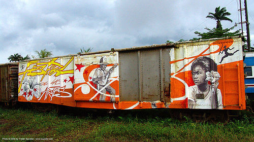 festival-de-las-artes - painting on train car - semi-abandoned train yard in puerto limon (costa rica), atlantic railway, costa rica, freight train car, paint, painted, puerto limon, rusty, train depot, train yard, trespassing