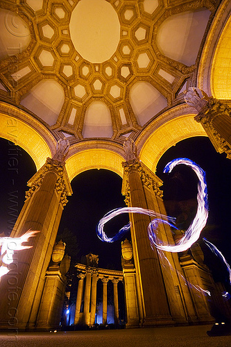 fire artists at the palace of fine arts (san francisco), columns, dome, fire dancer, fire dancing, fire performer, fire spinning, night, palace of fine arts