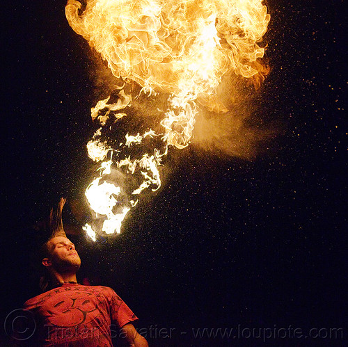 fire breather (san francisco), breathing fire, fire breather, fire breathing, fire performer, man, mohawk hair, night, spitting fire