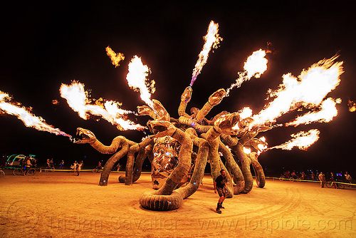 fire breathing snakes - medusa madness - burning man 2016, art installation, burning man, fire, medusa madness, night, sculpture, snakes