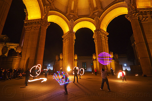fire dancers at the palace of fine arts, arches, columns, fire dancer, fire dancing, fire performer, fire spinning, led lights, night, vaults