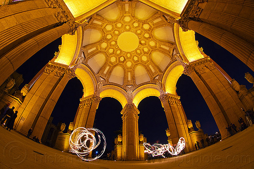 fire dancers at the palace of fine arts, arches, dome, fire dancers, fire dancing, fire performers, fire spinning, night, palace of fine arts, vaults
