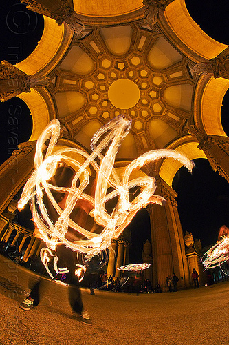 fire dancers under the dome - palace of fine arts, alessandra, arches, brittany, dome, fire dancer, fire dancing, fire hoop, fire performer, fire spinning, night, palace of fine arts, vaults