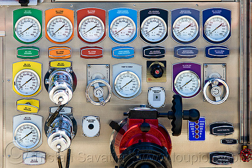 fire engine control panel, control panel, fire department, fire engine, fire truck, pressure gauges, rainbow colors, sffd, valves