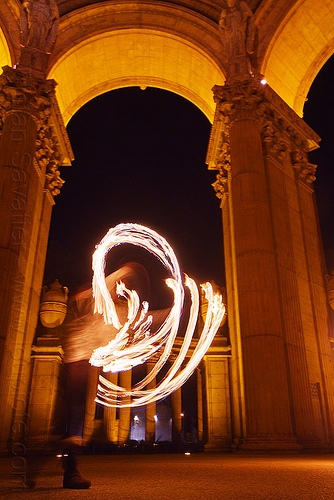 fire fans at the palace of fine arts, arches, columns, fire dancer, fire dancing, fire fans, fire performer, fire spinning, mel, night, vaults, woman
