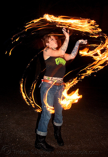 fire fans (san francisco) - fire dancer - leah, fire dancer, fire dancing, fire fans, fire performer, fire spinning, leah, night, spinning fire, tattooed, tattoos, woman
