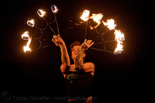 fire fans (san francisco) - fire dancer - leah, fire dancer, fire dancing, fire fans, fire performer, fire spinning, leah, night, spinning fire, tattooed, tattoos, woman